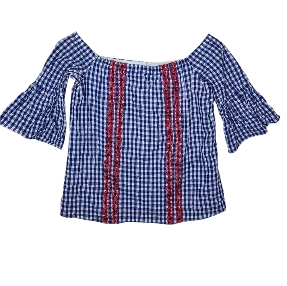 English Factory Blue White Gingham Off Shoulder Top Red Embroidery Size Small